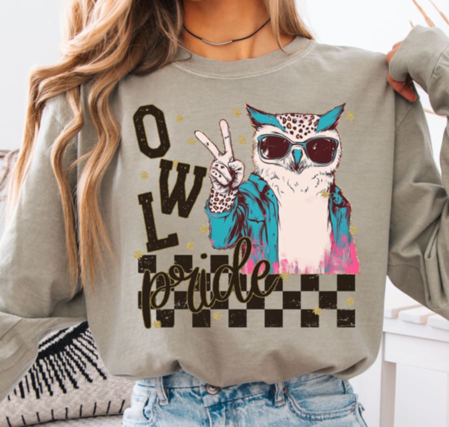 Owl Pride peace hand mascot (s&g) DTF transfer