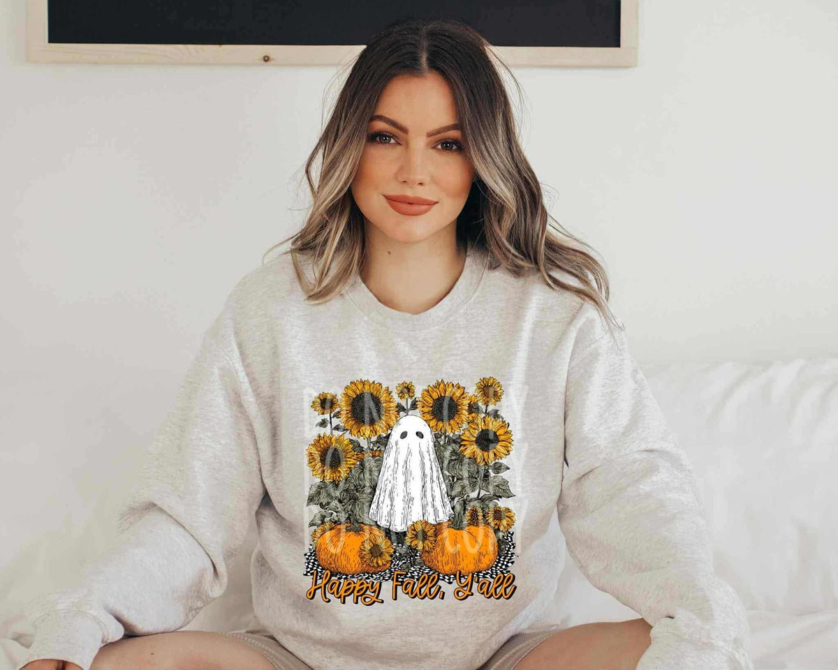 Happy Fall Y’all sunflowers and ghost (ph) DTF transfer
