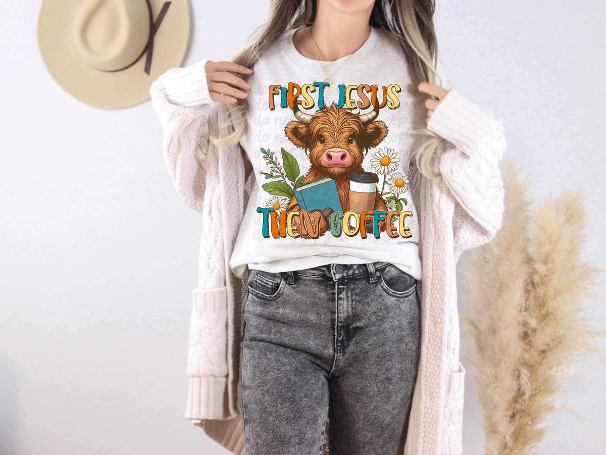 First jesus then coffee shaggy cow 20586 DTF transfer