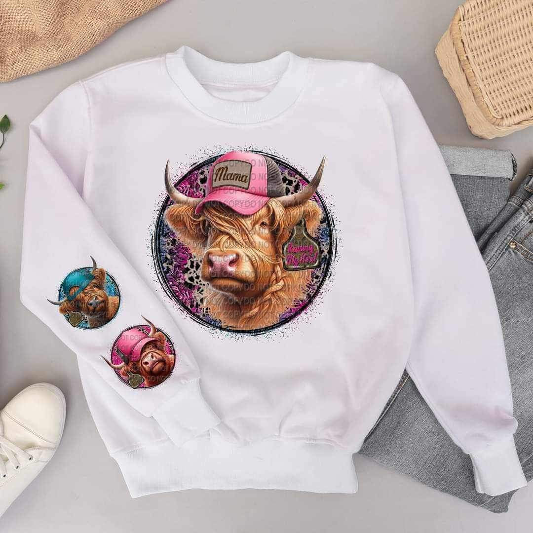 Shaggy cow with mama hat circle FRONT ONLY (CCC) 20720 DTF transfer