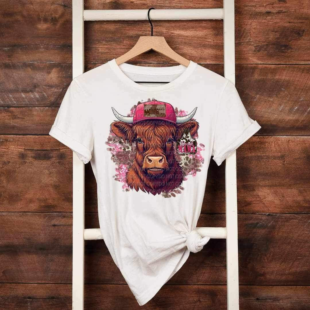 Shaggy cow with pink hat and tag (CCC) 20715 DTF transfer