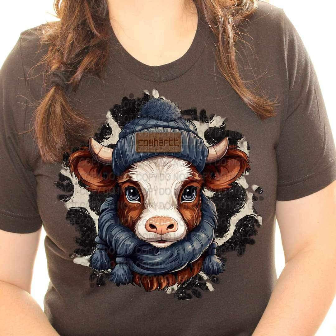 Cow with beanie and scarf with leopard background (CCC) 20714 DTF transfer