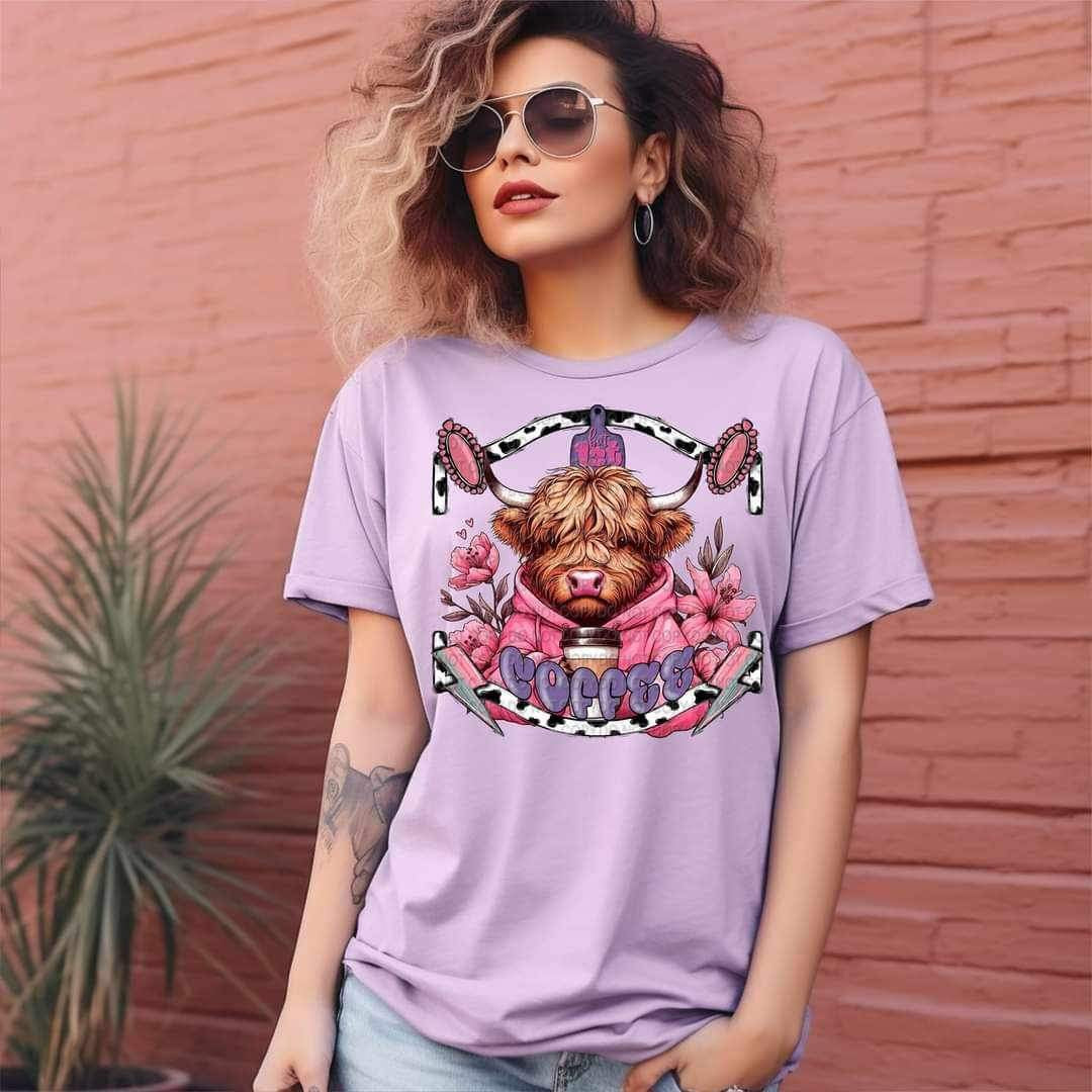 Coffee shaggy cow in pink hoodie (CCC) 20710 DTF transfer