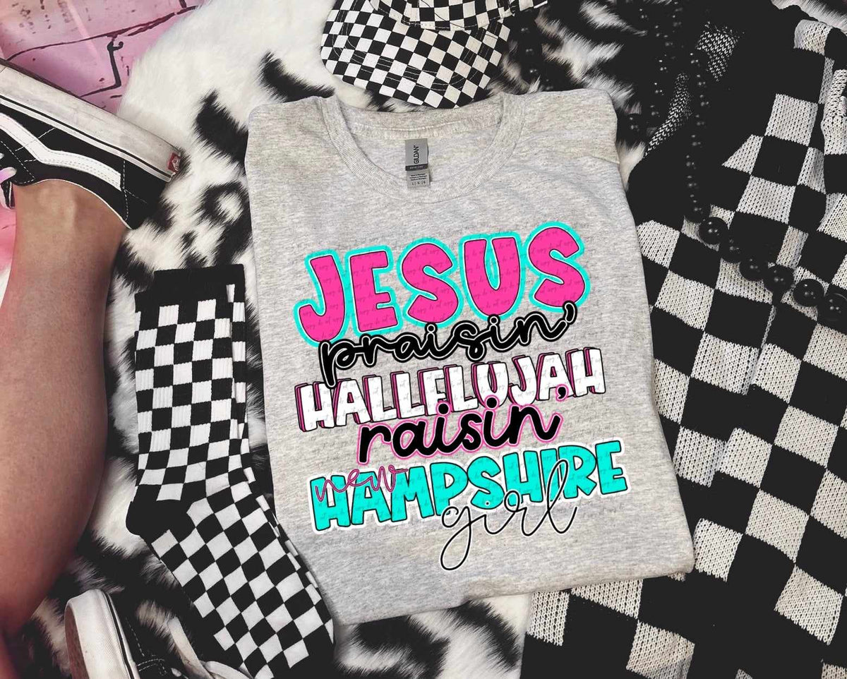 Jesus praisin hallelujah raising New Hampshire girl 31220 DTF transfer