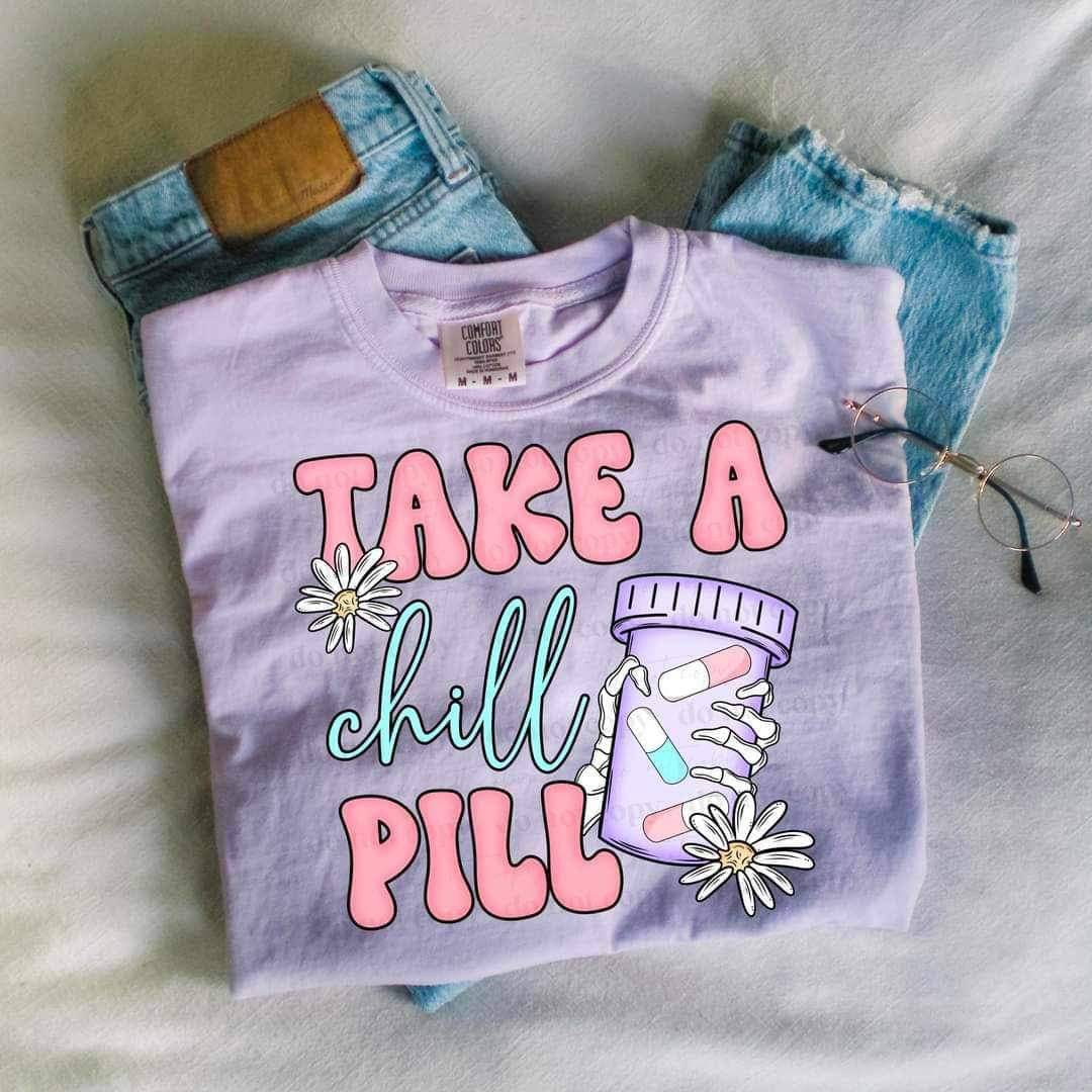 Take a chill pill (skellie holding pill bottle) 20703 DTF transfera