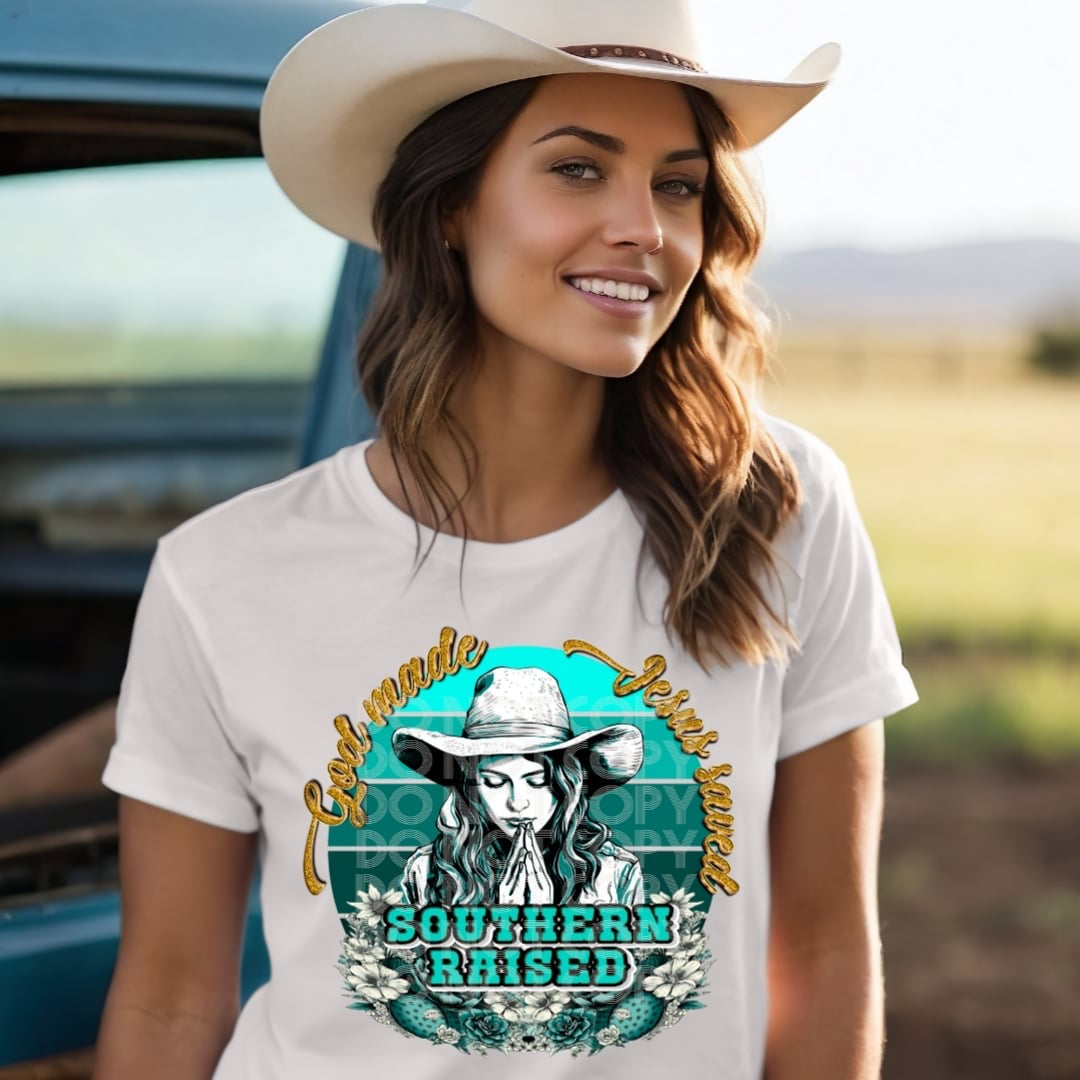 God made jesus saves southern raised (DD) 31188 DTF transfer