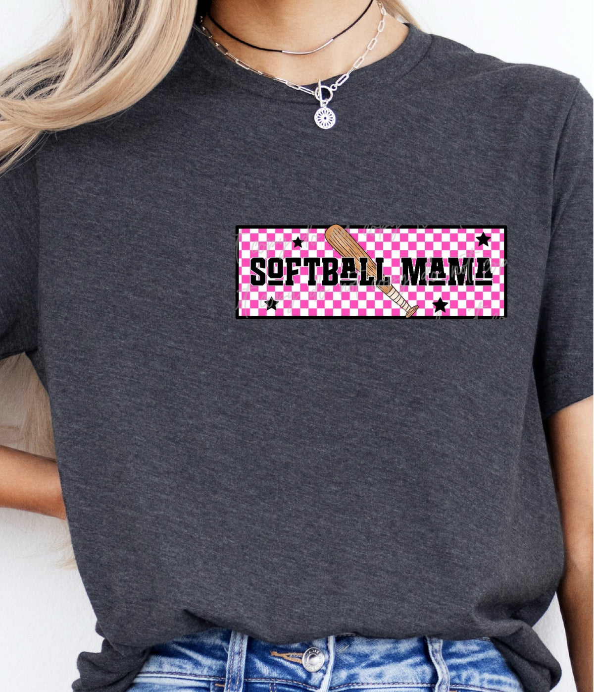 Pink Checkered Softball Mama FRONT PRINT (VIRGO) DTF transfer