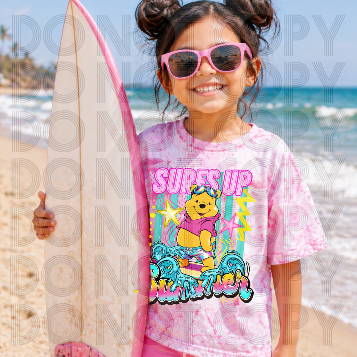 Surfes up summer PINK words bear (Renewed) DTF transfer