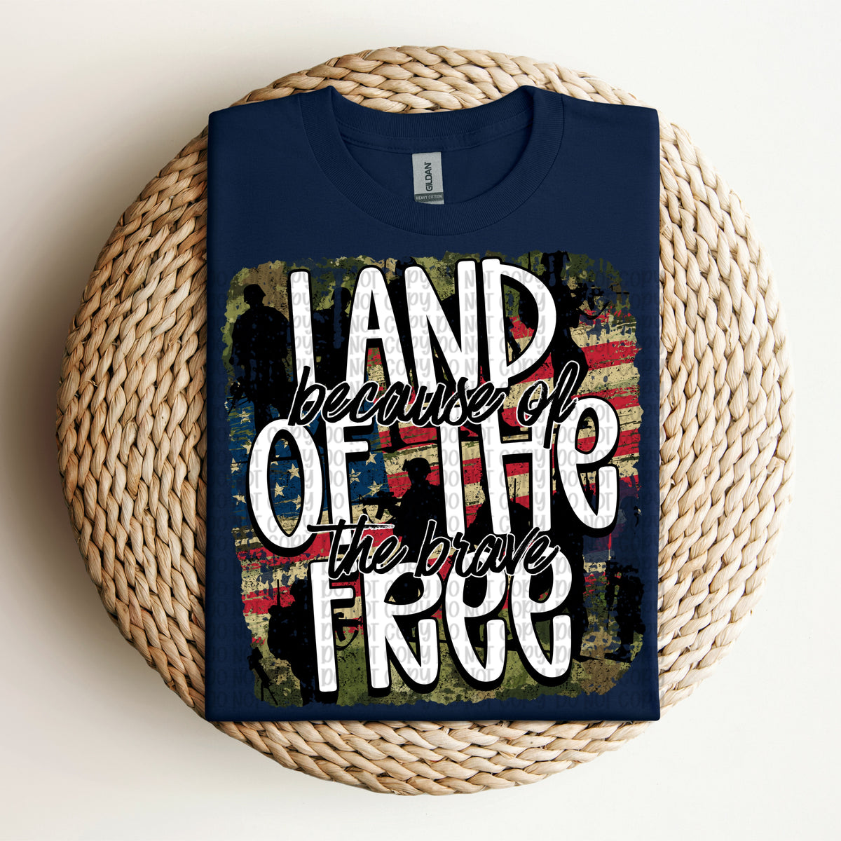Land of the free because of the brave (distressed flag background WITH soliders) (VP) DTF Transfer