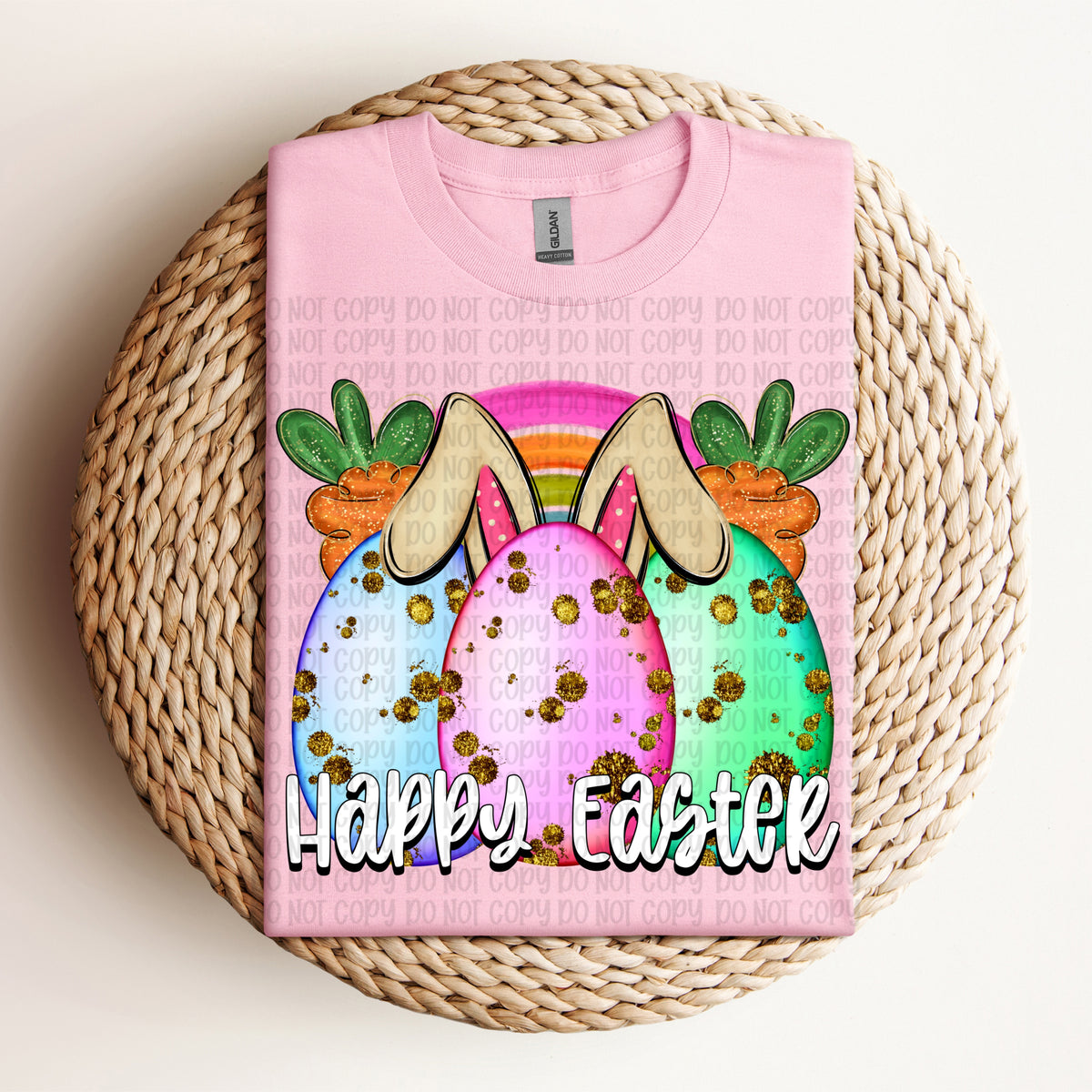 Happy easter eggs with bunny ears WHITE words (VP) DTF Transfer