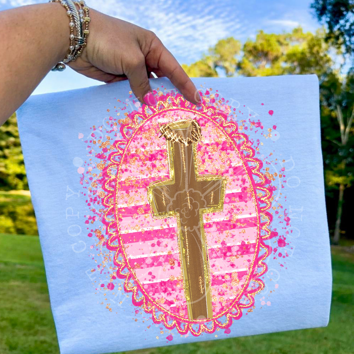 Faux painted cross pink striped splatter oval (SSD) DTF Transfer