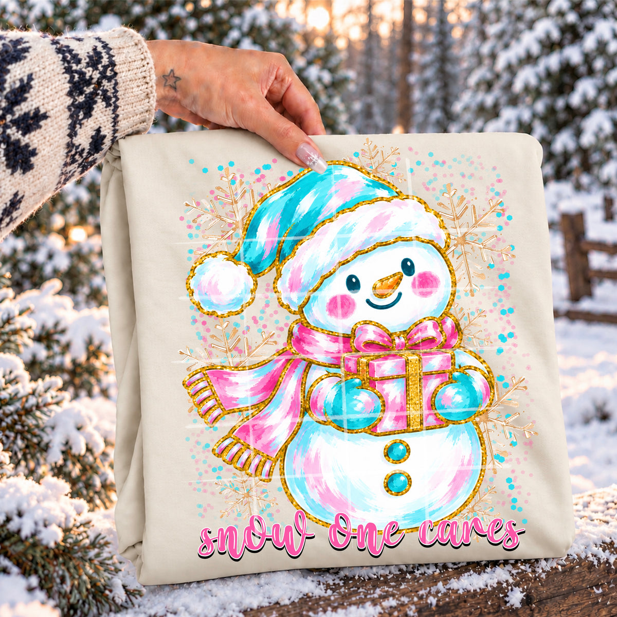 Snow one cares- snowman with pastel hat and scarf/speck background (tingler) DTF Transfer