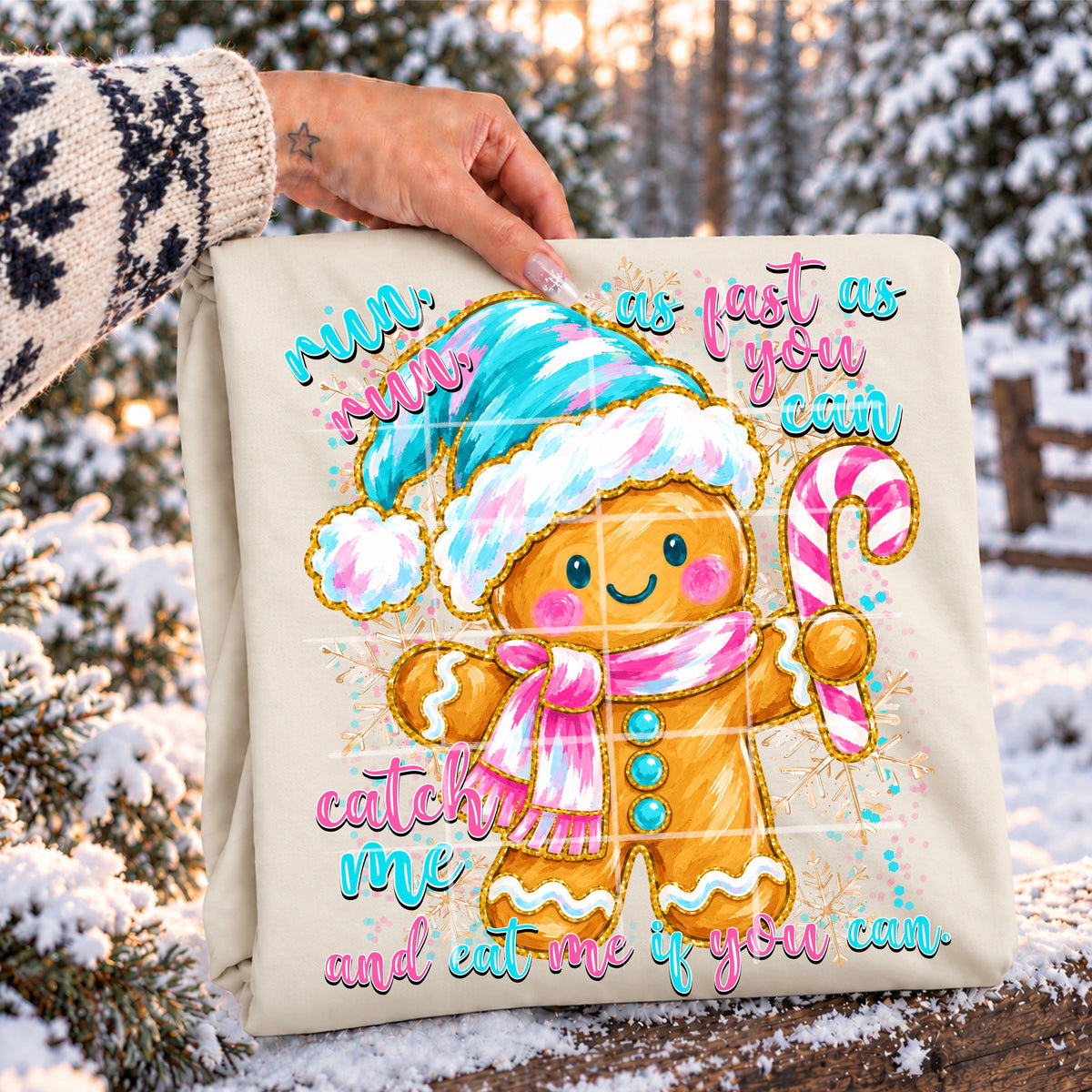 Run Run- Gingerbread with pastel hat and scarf holding candy cane (tingler) DTF Transfer
