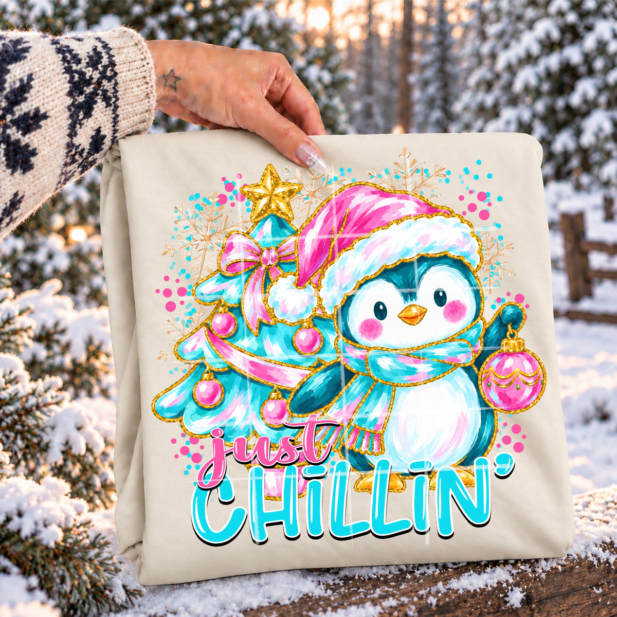 Just chillin' penguin teal Santa hat (TDC) DTF Transfer