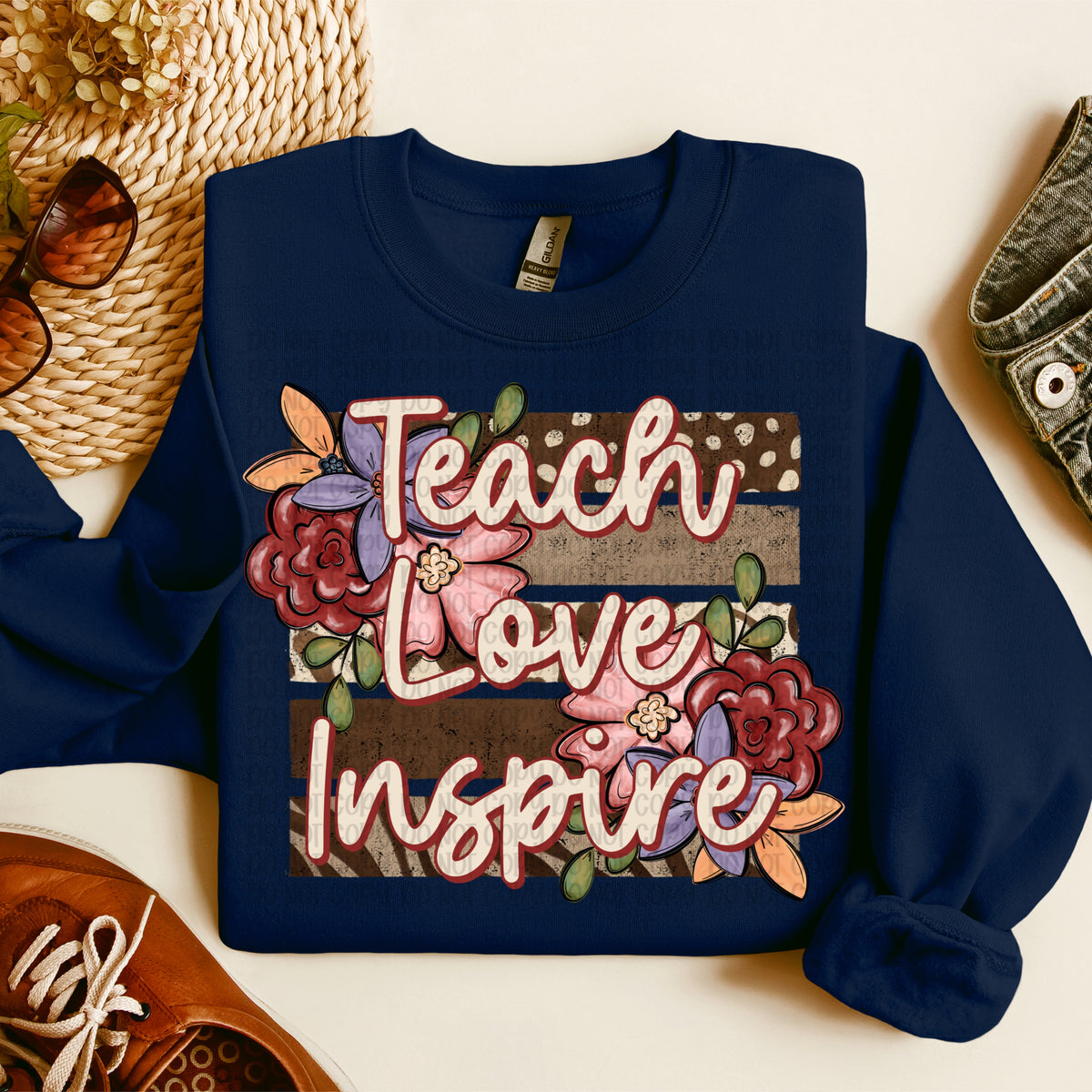Teach love inspire brown floral stripes (VP) DTF Transfer
