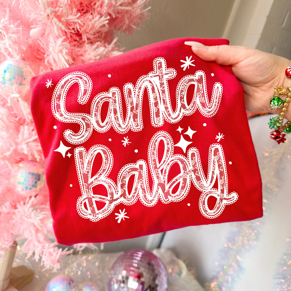 Santa baby faux white lace cursive (CSC) Tuesday Deal DTF