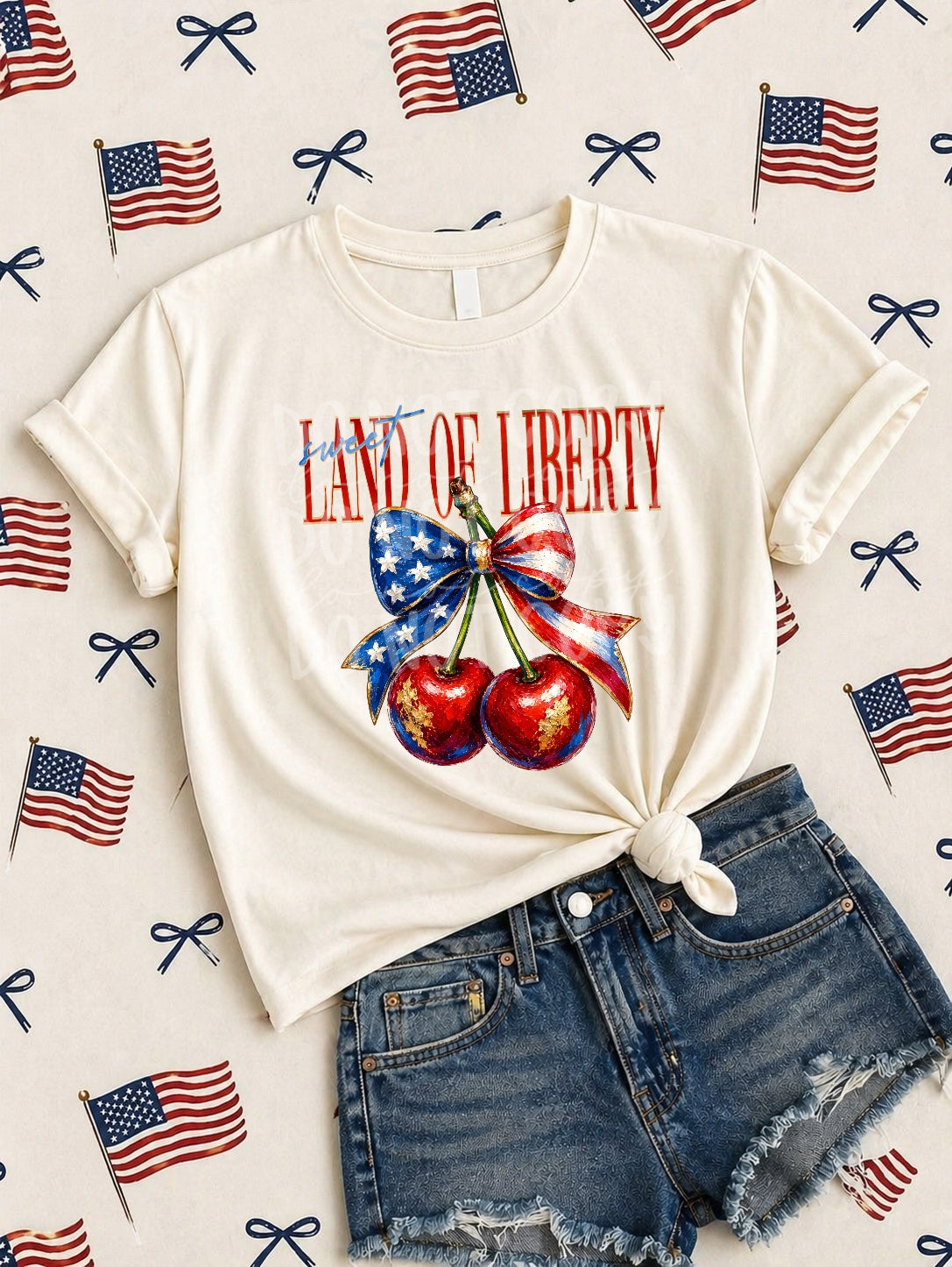 Land of liberty cherries flag bow (DD) DTF transfer