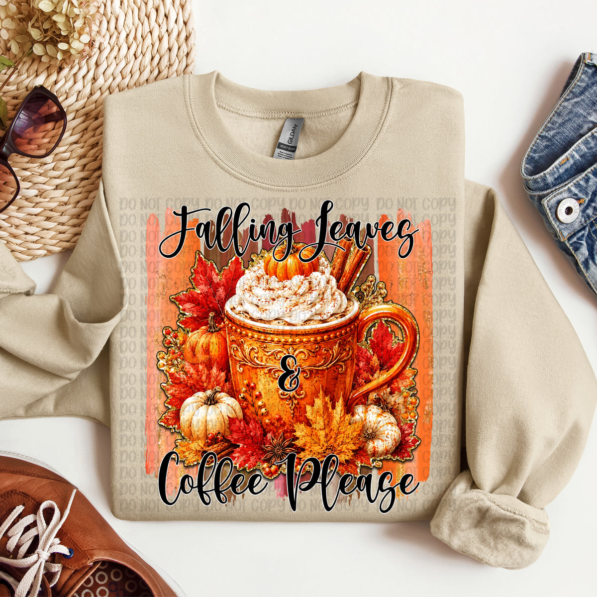 Falling leaves & coffee please brushstroke (VP) DTF transfer