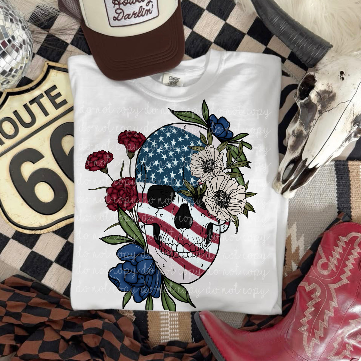 American flag skull and flowers (MMD) DTF transfer