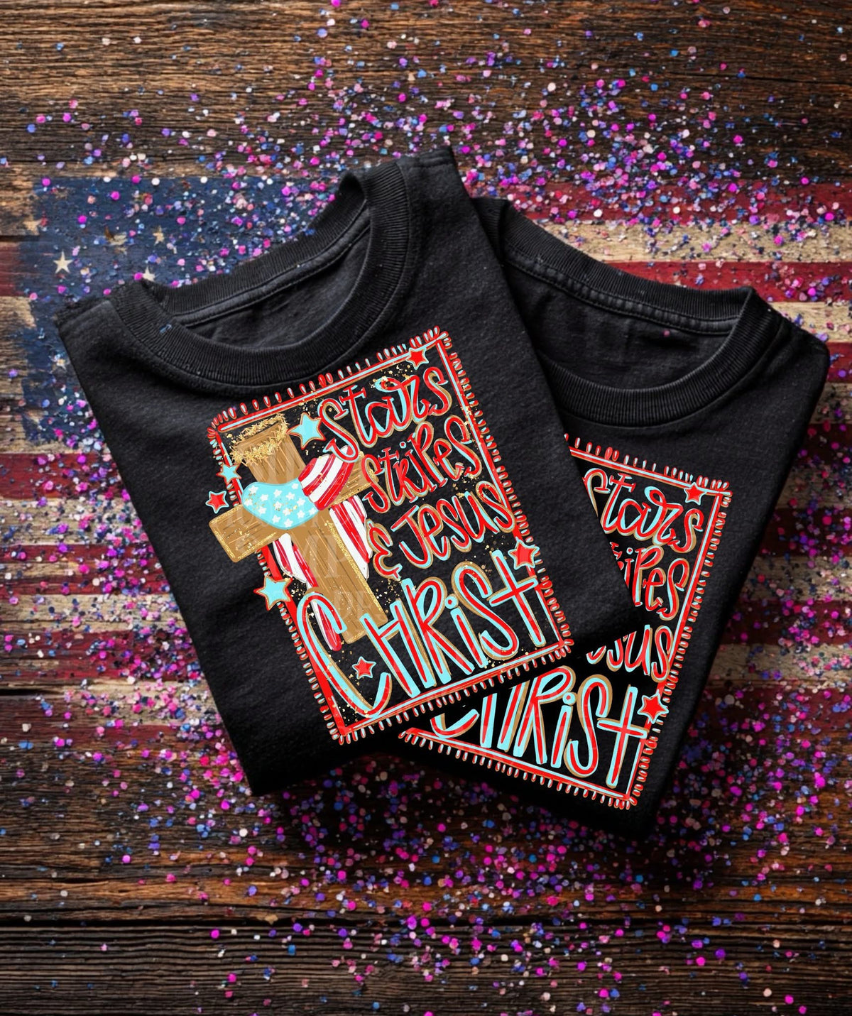 Stars stripes & Jesus Christ (cross red blue) (SSD) DTF Transfer