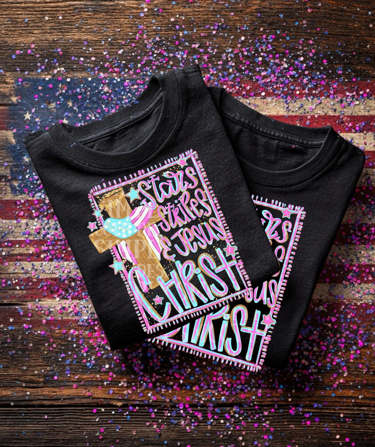 Stars stripes & Jesus Christ (cross pink blue) (SSD) DTF Transfer