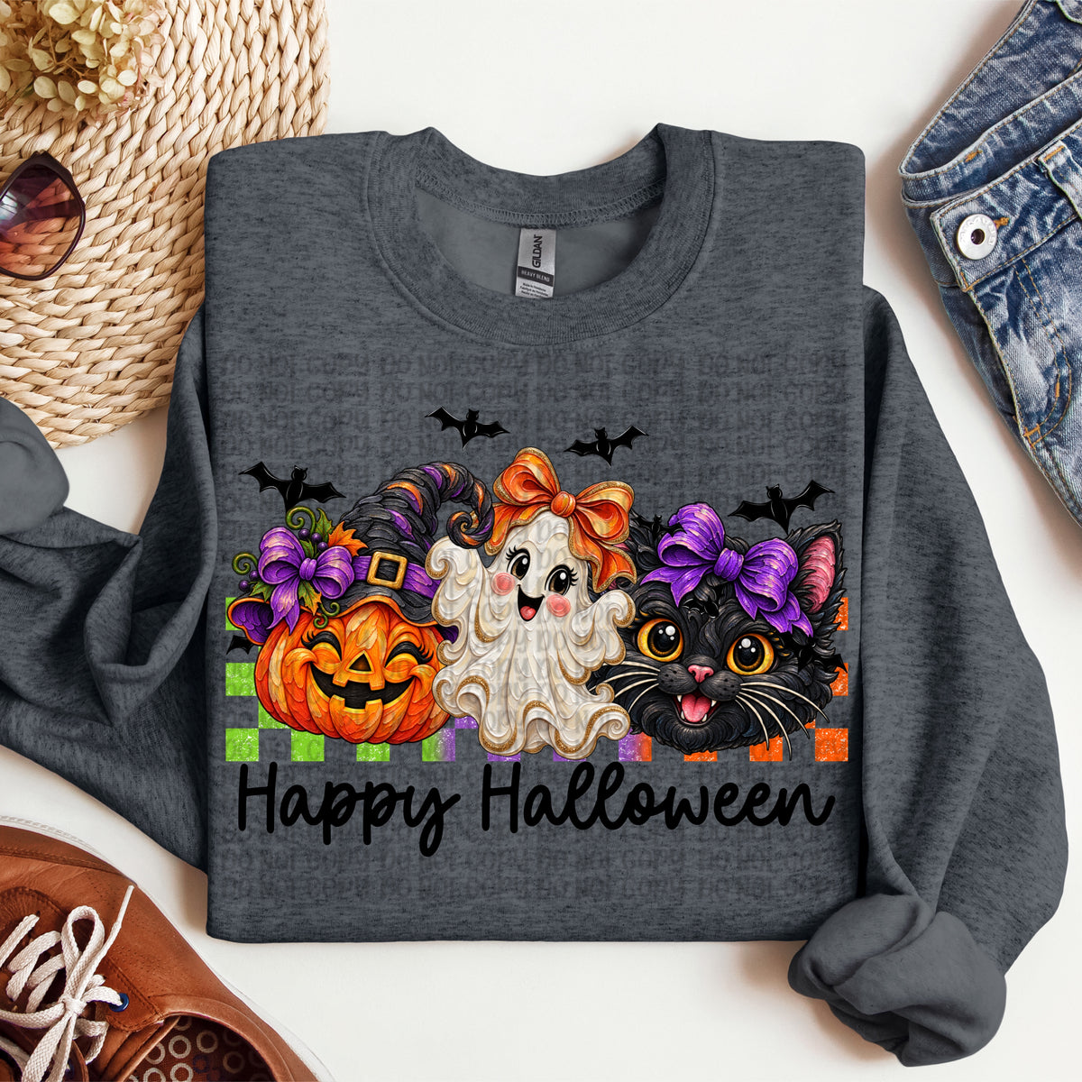 Happy Halloween green and orange checkered background (VP) DTF Transfer