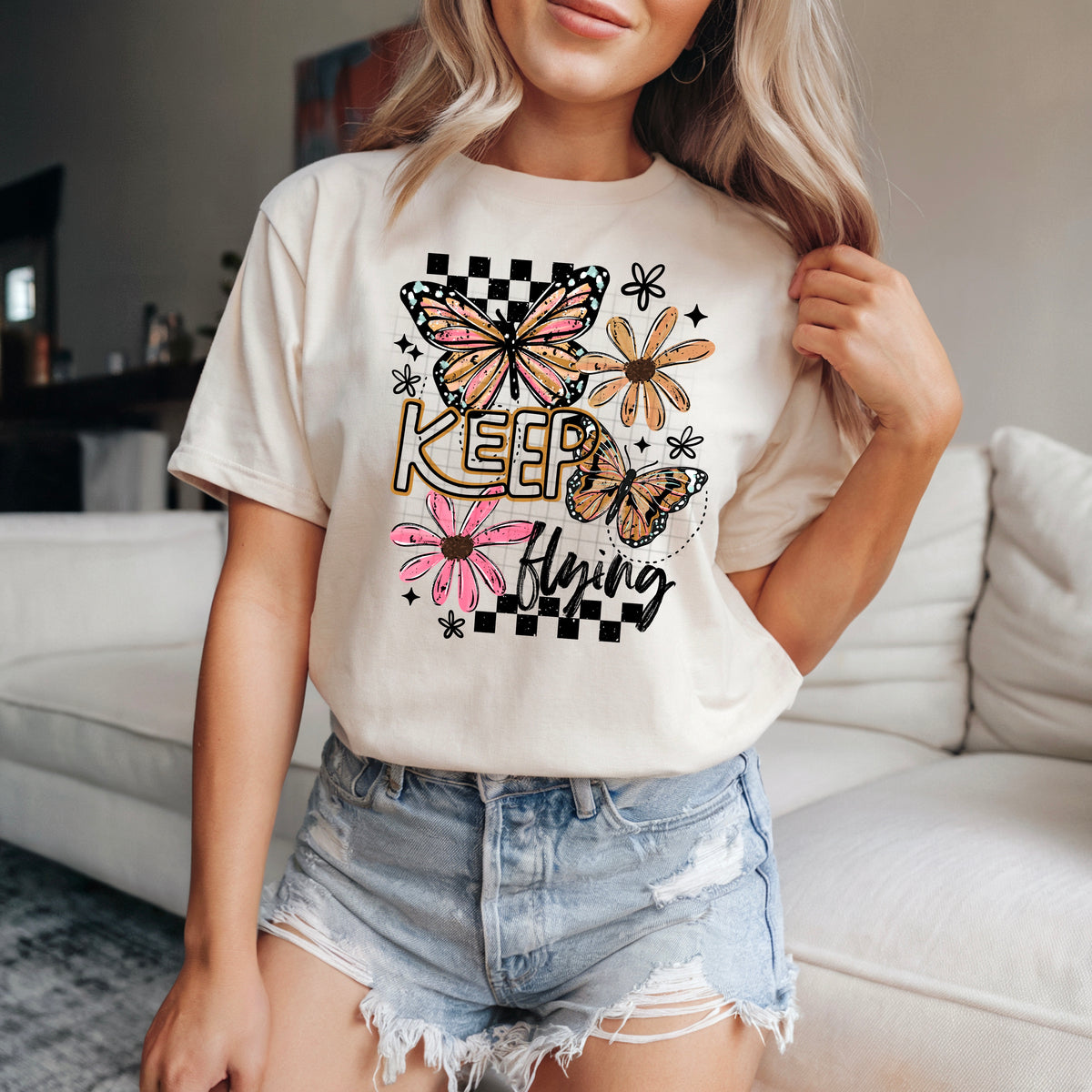 Keep flying (flowers, BLACK checkers, butterflies) (CSC) DTF Transfer
