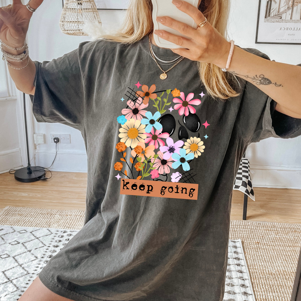 Keep going floral skull BLACK (CSC) DTF Transfer