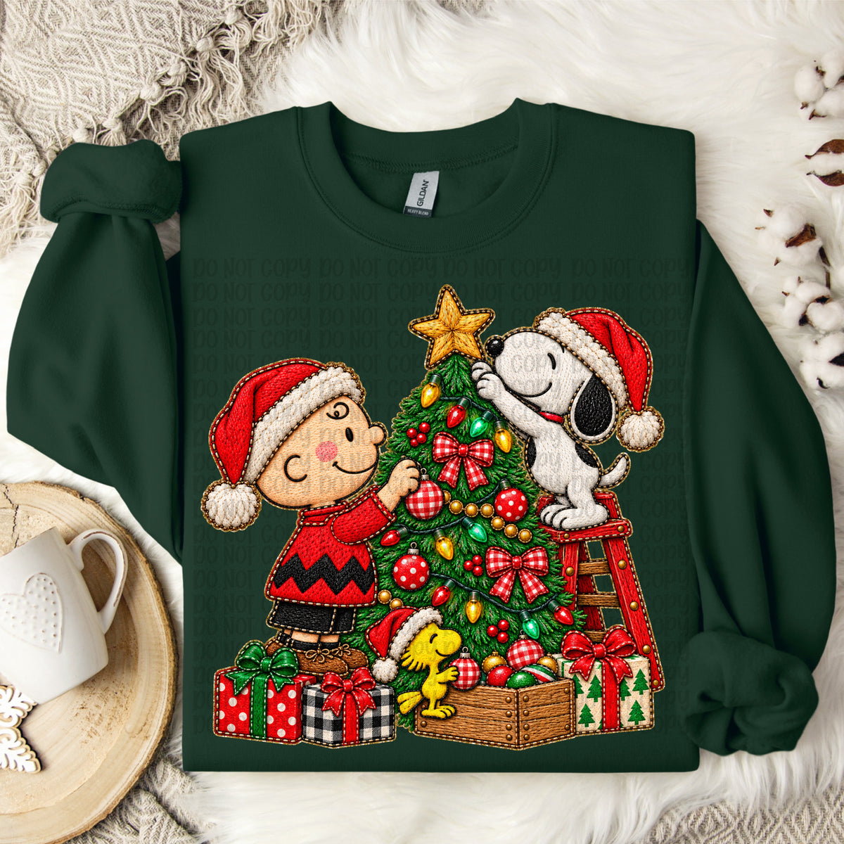 CB and snoop decorating Christmas tree faux stitched outline (VP) DTF transfer