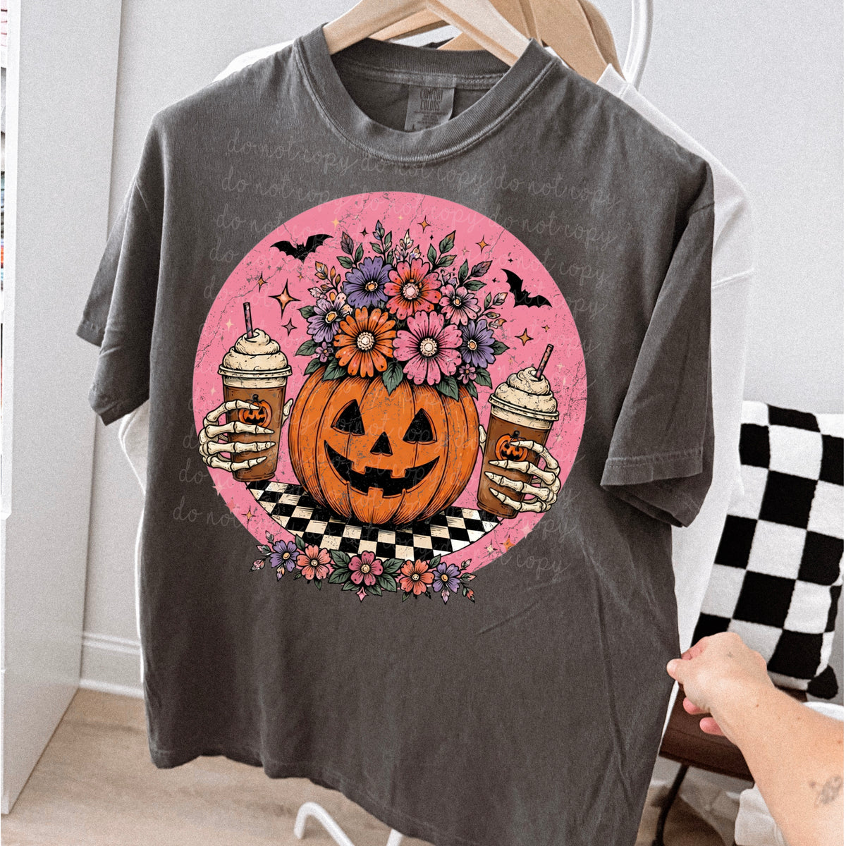 Floral pumpkin holding coffee (MMD) DTF Transfer