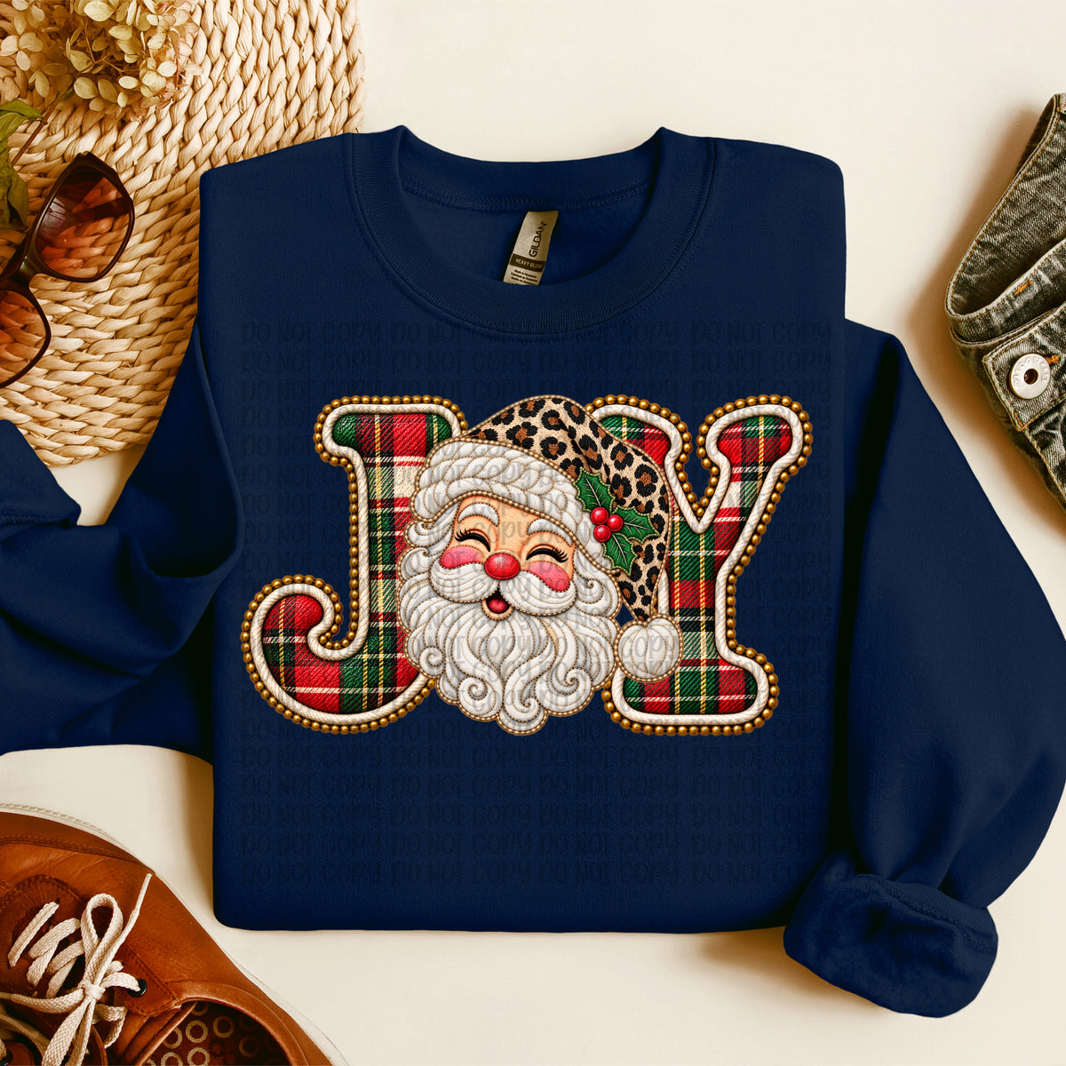 Joy plaid filled Santa leopard hat (VP) DTF transfer