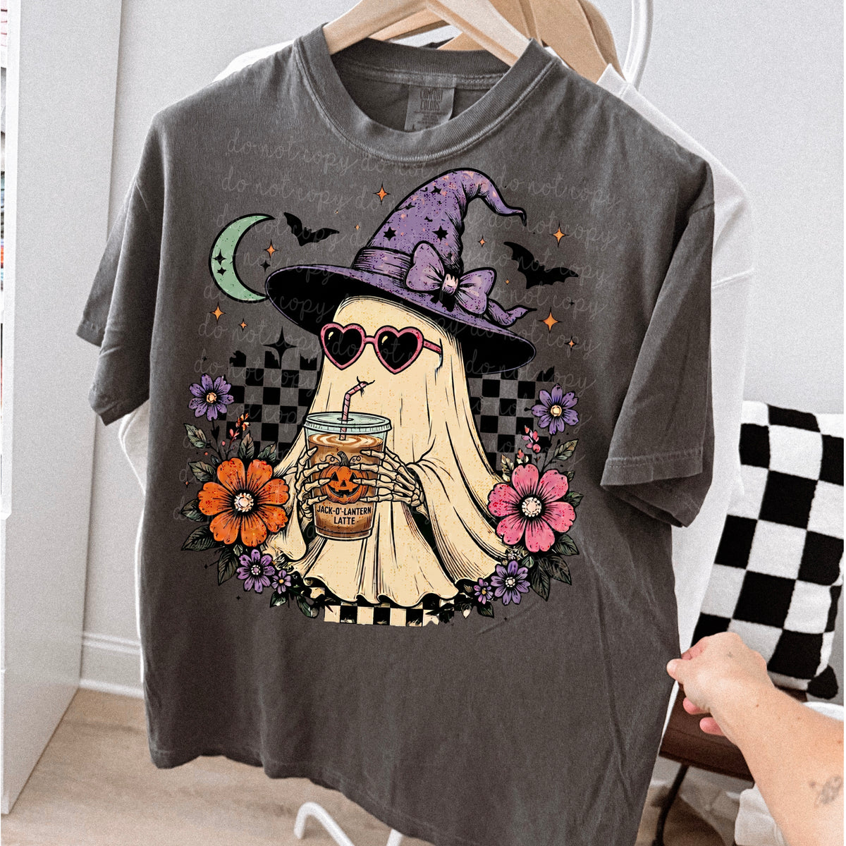 Spooky floral ghost drinking coffee (MMD) DTF Transfer