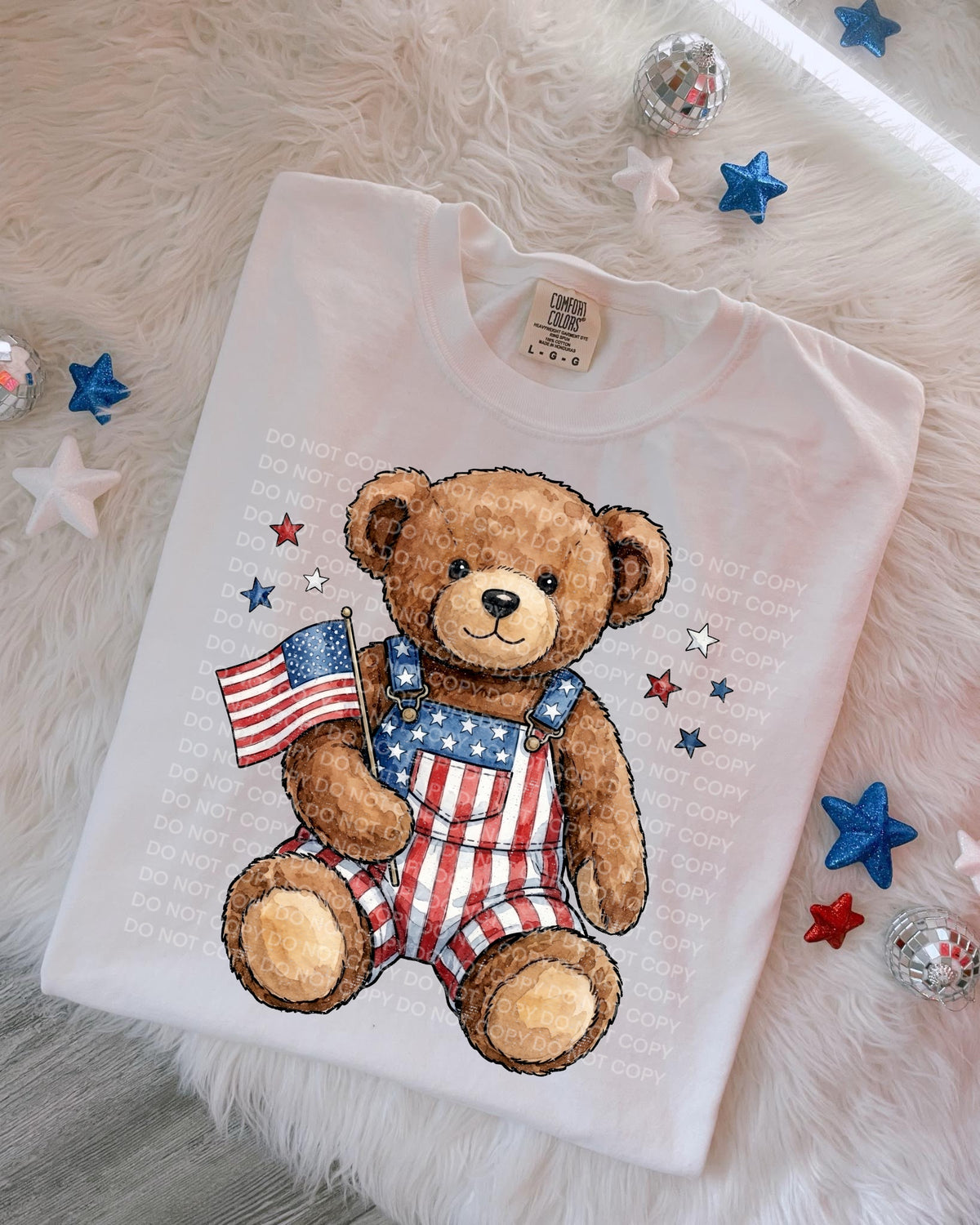 Brown teddy bear in patriotic overalls (SCG) DTF Transfer