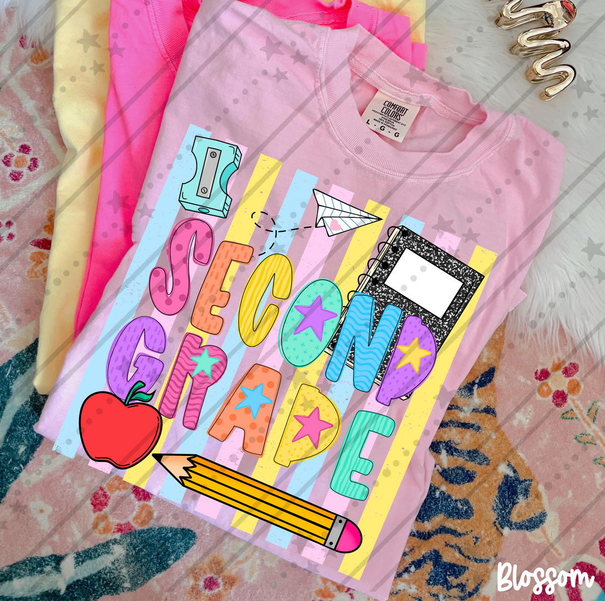 Second grade school items colorful stripes (Carter) DTF Transfer