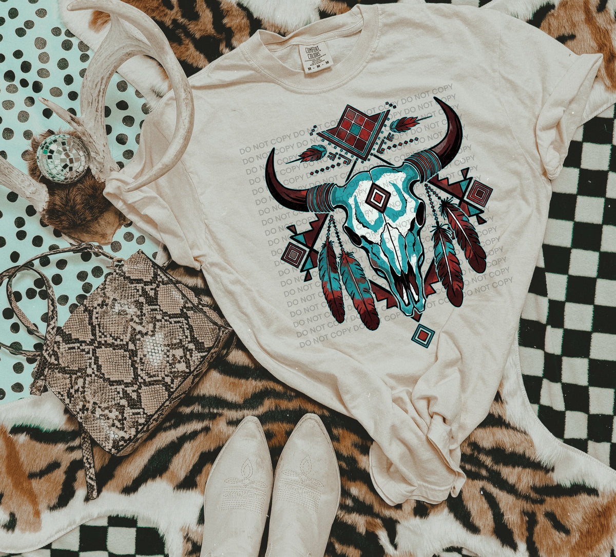Bull skull with feathers and turquoise (SCG) DTF Transfer