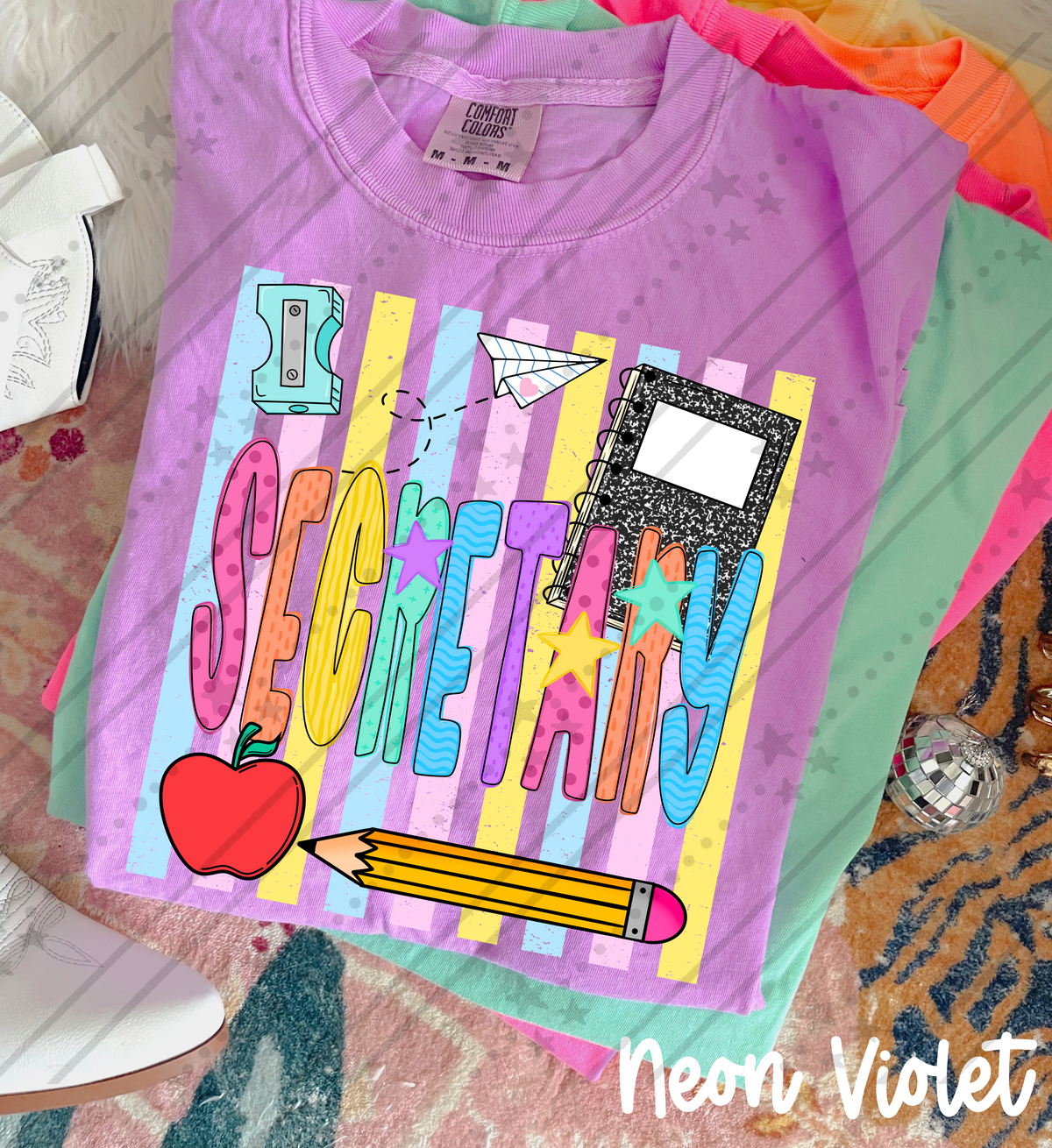 Secretary school items colorful stripes (Carter) DTF Transfer