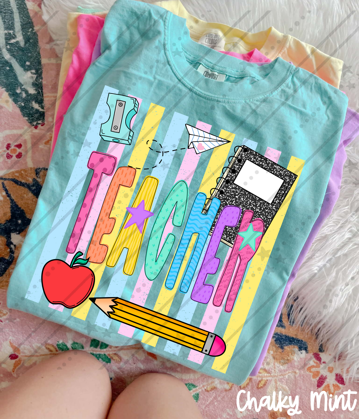 Teacher school items colorful stripes (Carter) DTF Transfer