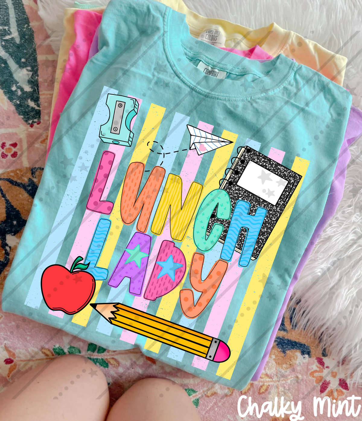 Lunch lady school items colorful stripes (Carter) DTF Transfer