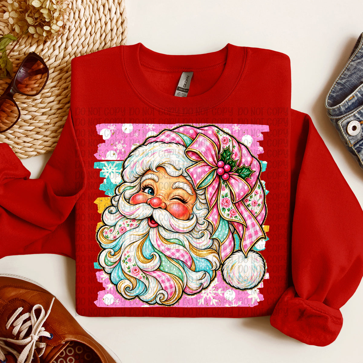 Santa winking pink hat color stripe background (VP) DTF Transfer