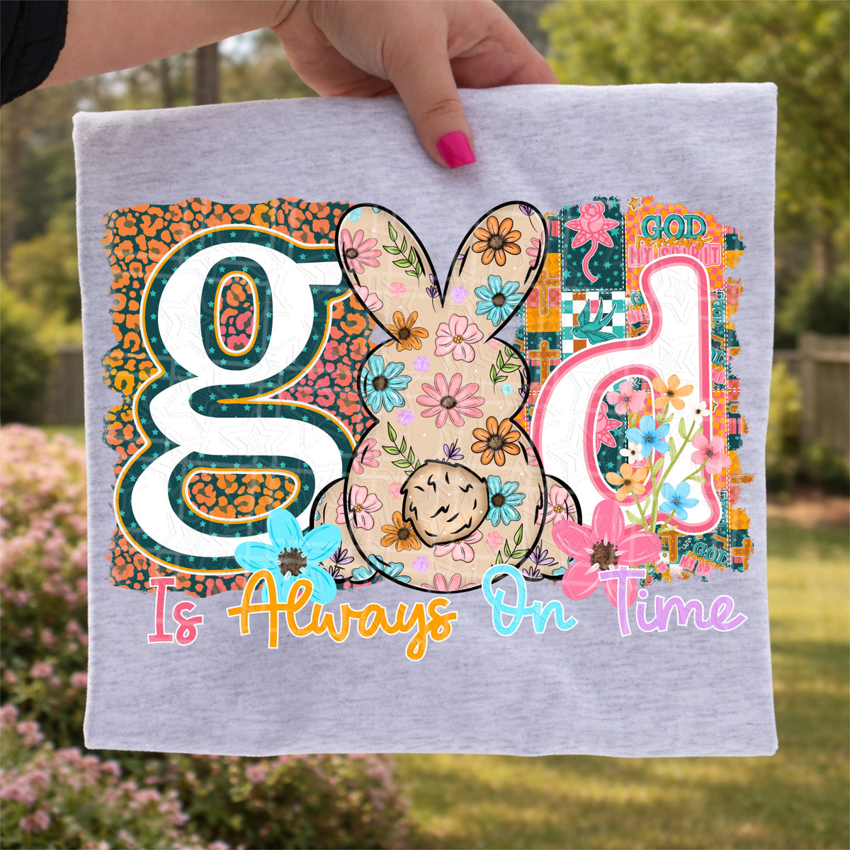 God is always on time (tan flower bunny for o)DTF Transfer