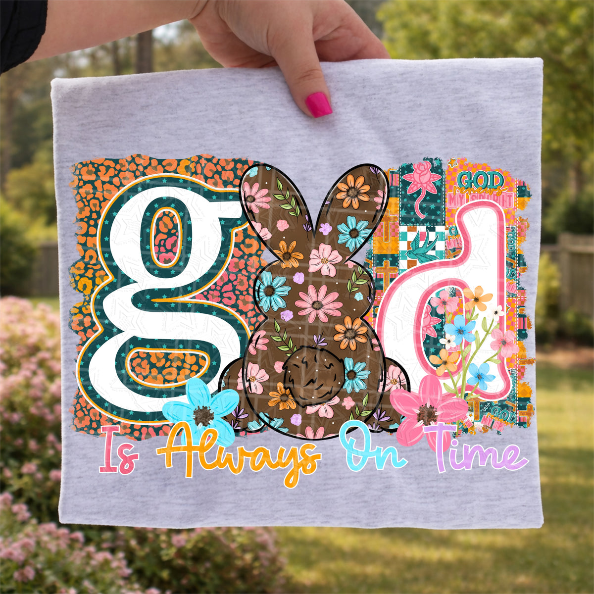 God is always on time (brown flower bunny for o) DTF Transfer