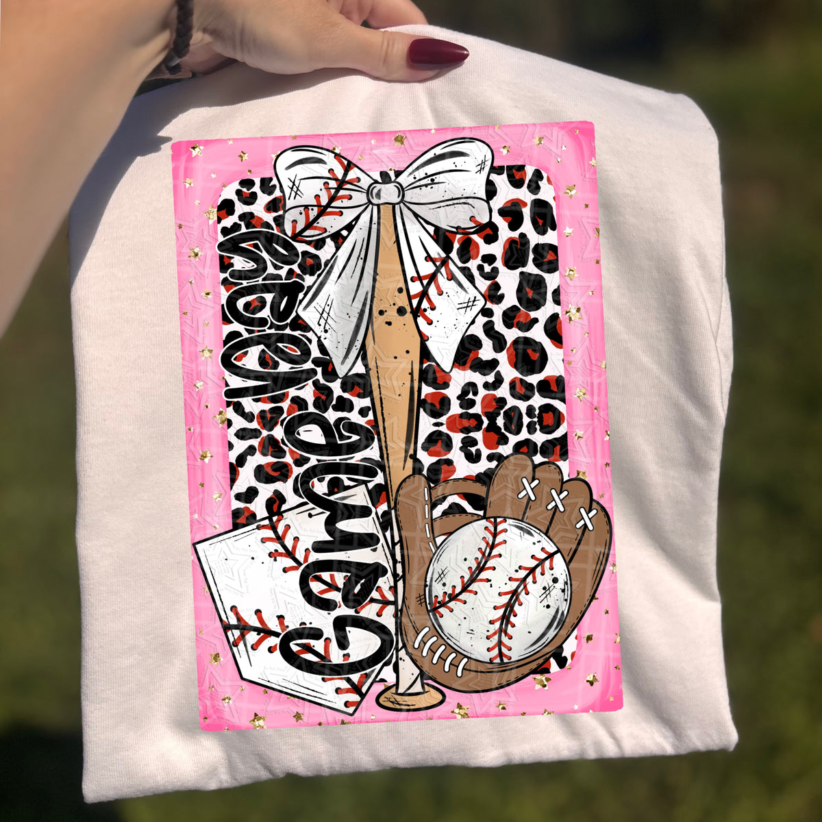 Game Day (baseball, bat, base, bow leopard background) (Virgo) DTF Transfer
