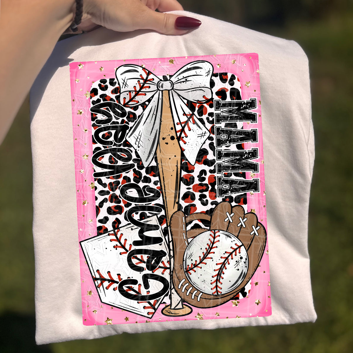 Game Day Mama (baseball, bat, base, bow leopard background) (Virgo) DTF Transfer