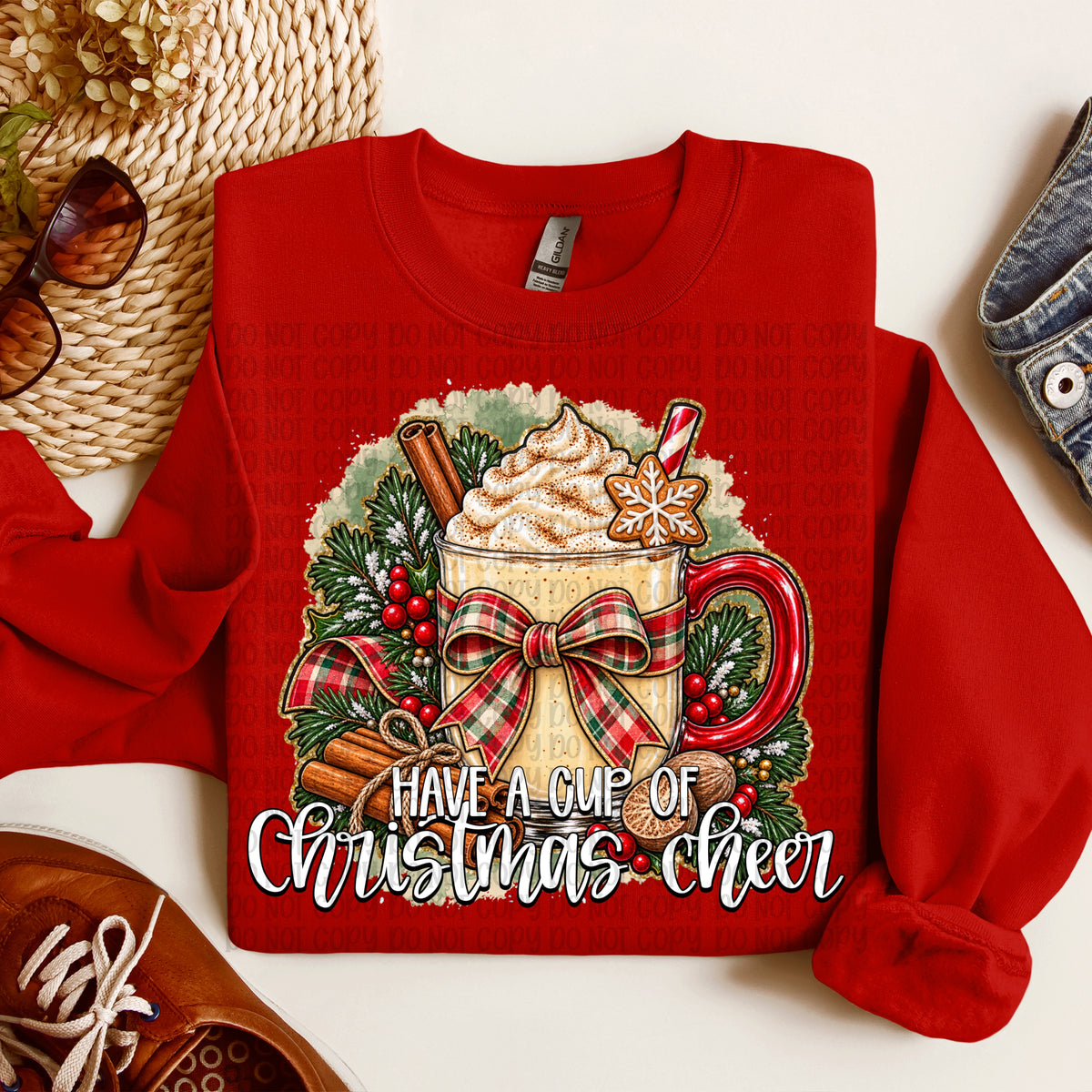 Have a cup of Christmas cheer red and green plaid bow WHITE writing (VP) DTF Transfer