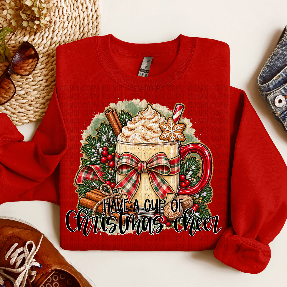 Have a cup of Christmas cheer red and green plaid bow BLACK writing (VP) DTF Transfer