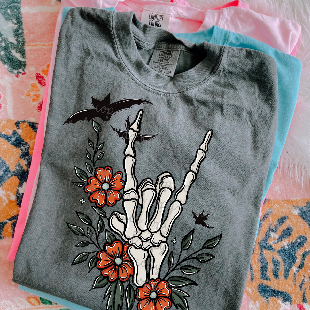 Skeleton hands pink florals (MMD) DTF Transfer