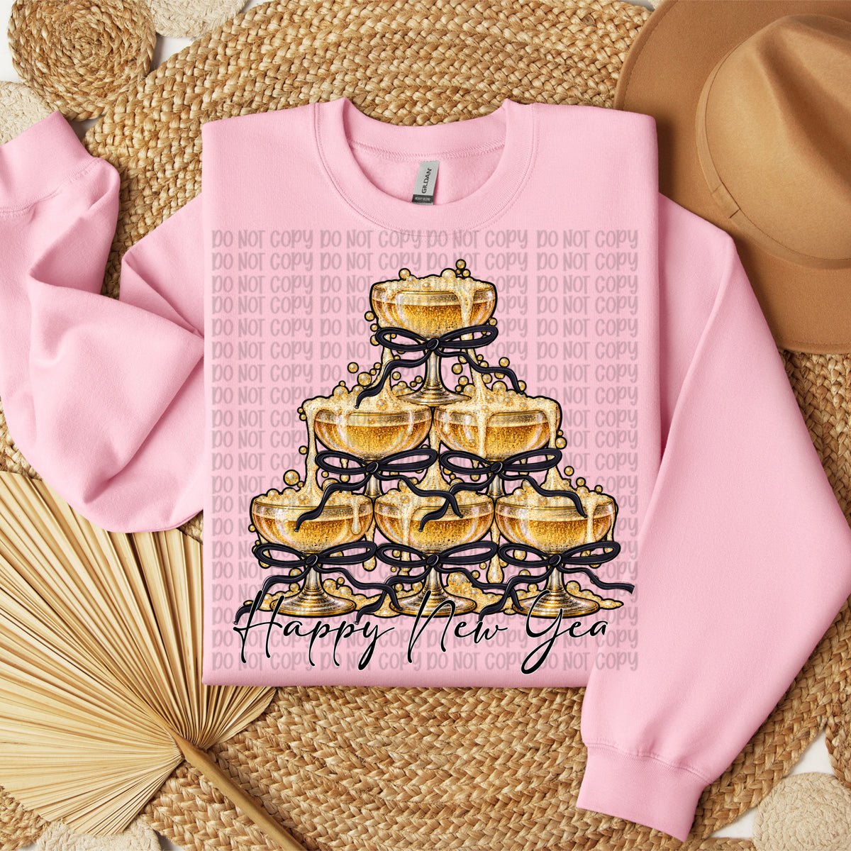 Happy new year champagne glass pyramid with black bows (VP) DTF Transfer