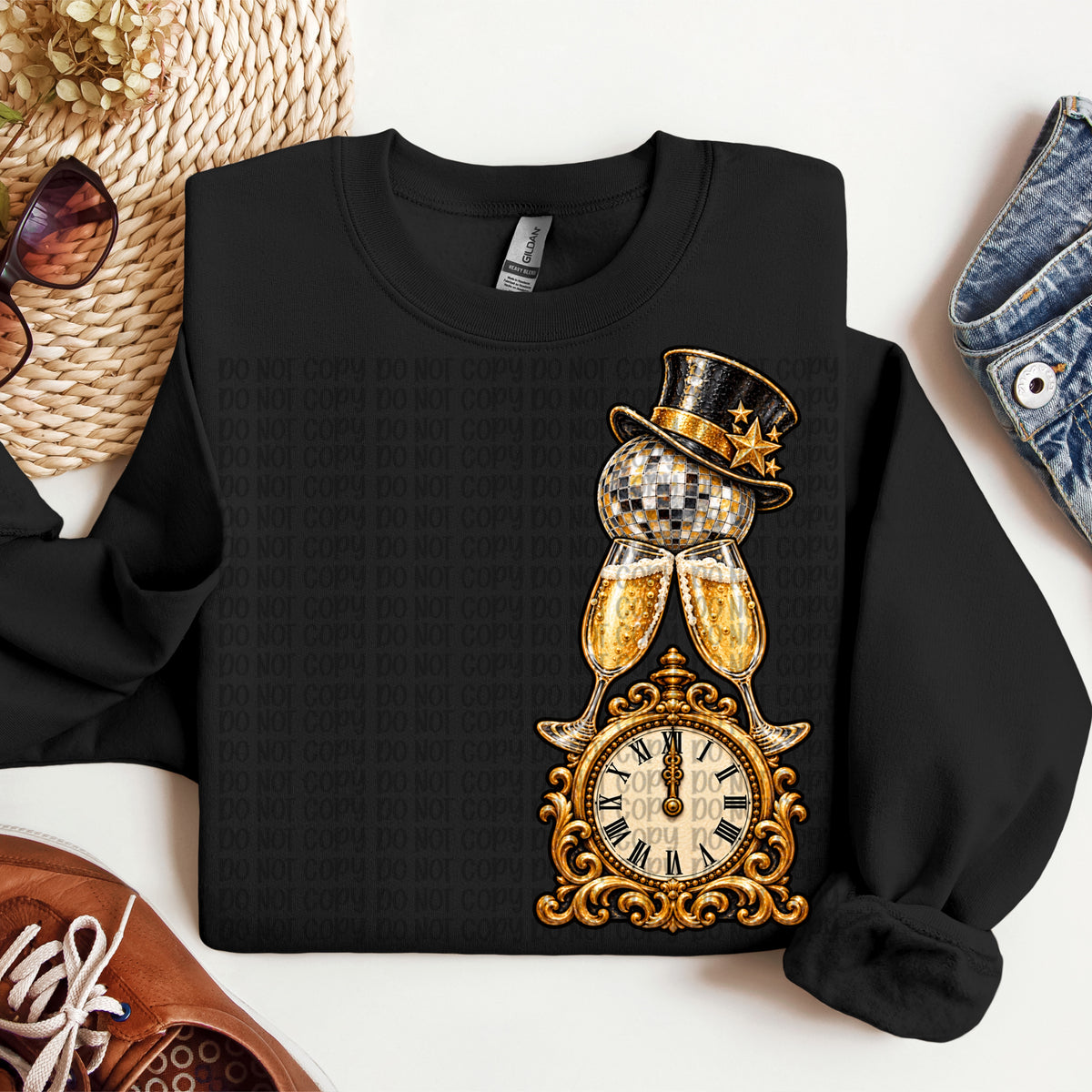 Clock champagne glasses and disco ball with top hat stacked (VP) DTF Transfer