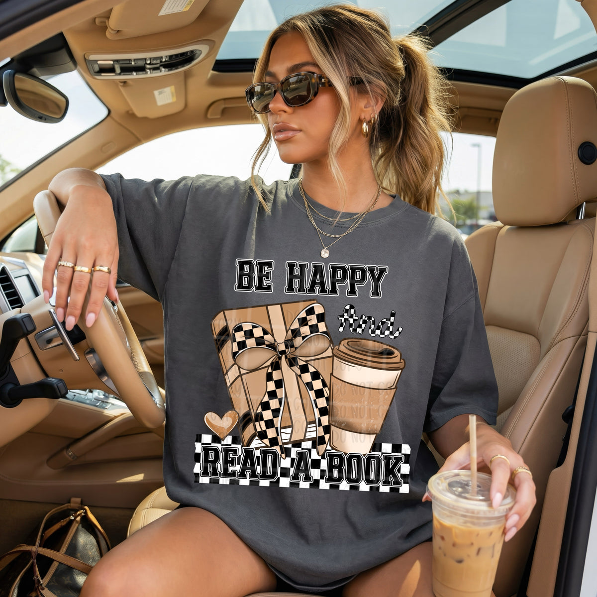 Be happy and read a book checkered bow (Virgo) DTF Transfer