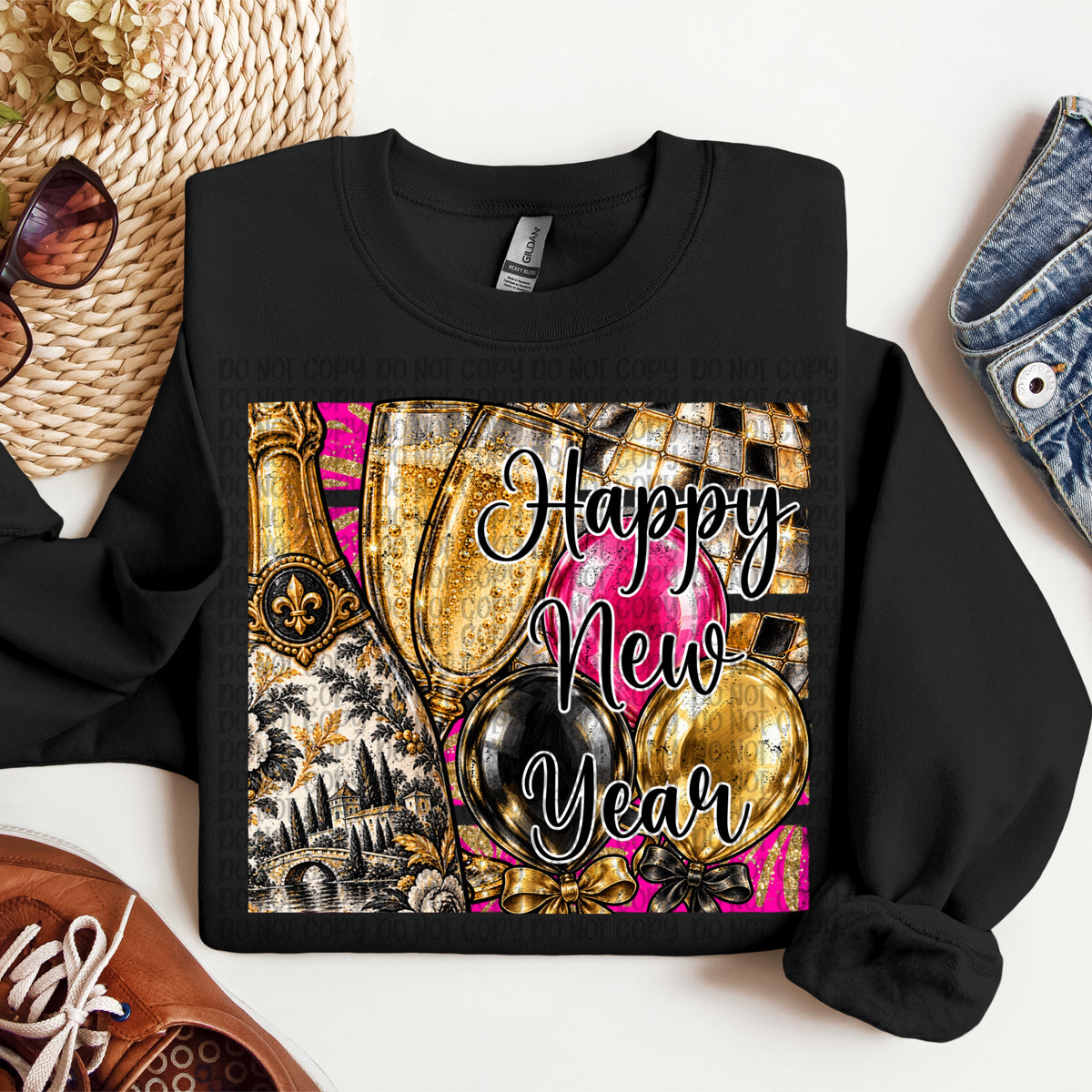Happy new year pink black and gold ballons (VP) DTF Transfer